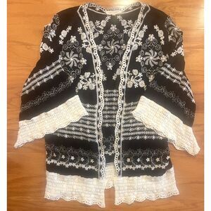 SOLITAIRE Gypsy Festival Embroidered Bell Sleeve Open Cardigan XL Crochet Trim